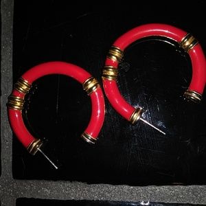 Vintage BE signed red and gold tone hoop earrings